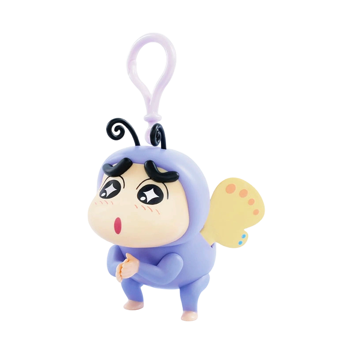 Butterfly Shinchan in lavender bodysuit with tan spotted wings and clip, Flapping Wings pendant by 52TOYS