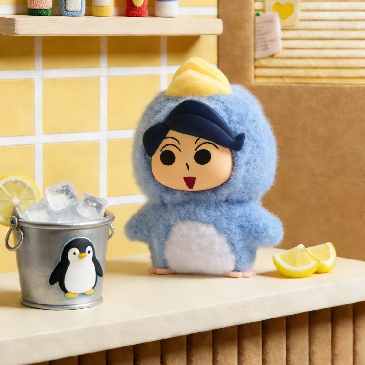 Penguin Kazamakun secret plush charm in blue penguin onesie beside an ice bucket, Crayon Shinchan Kasukabe Party