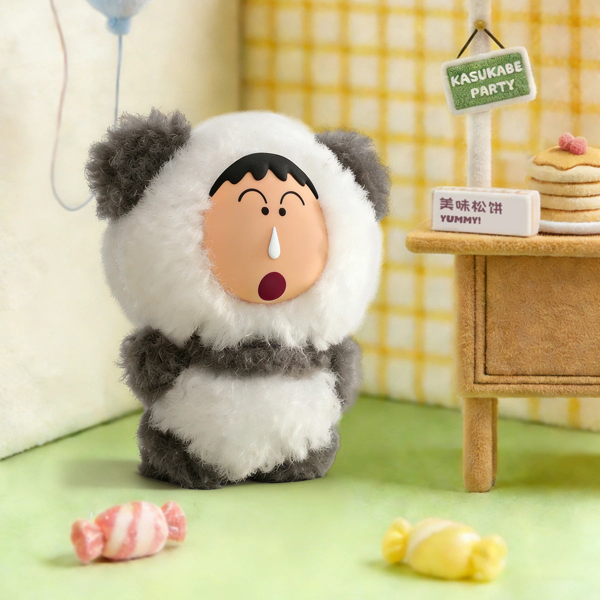 Panda Bochan plush charm in black-and-white panda onesie by a Kasukabe Party pancake table, Crayon Shinchan