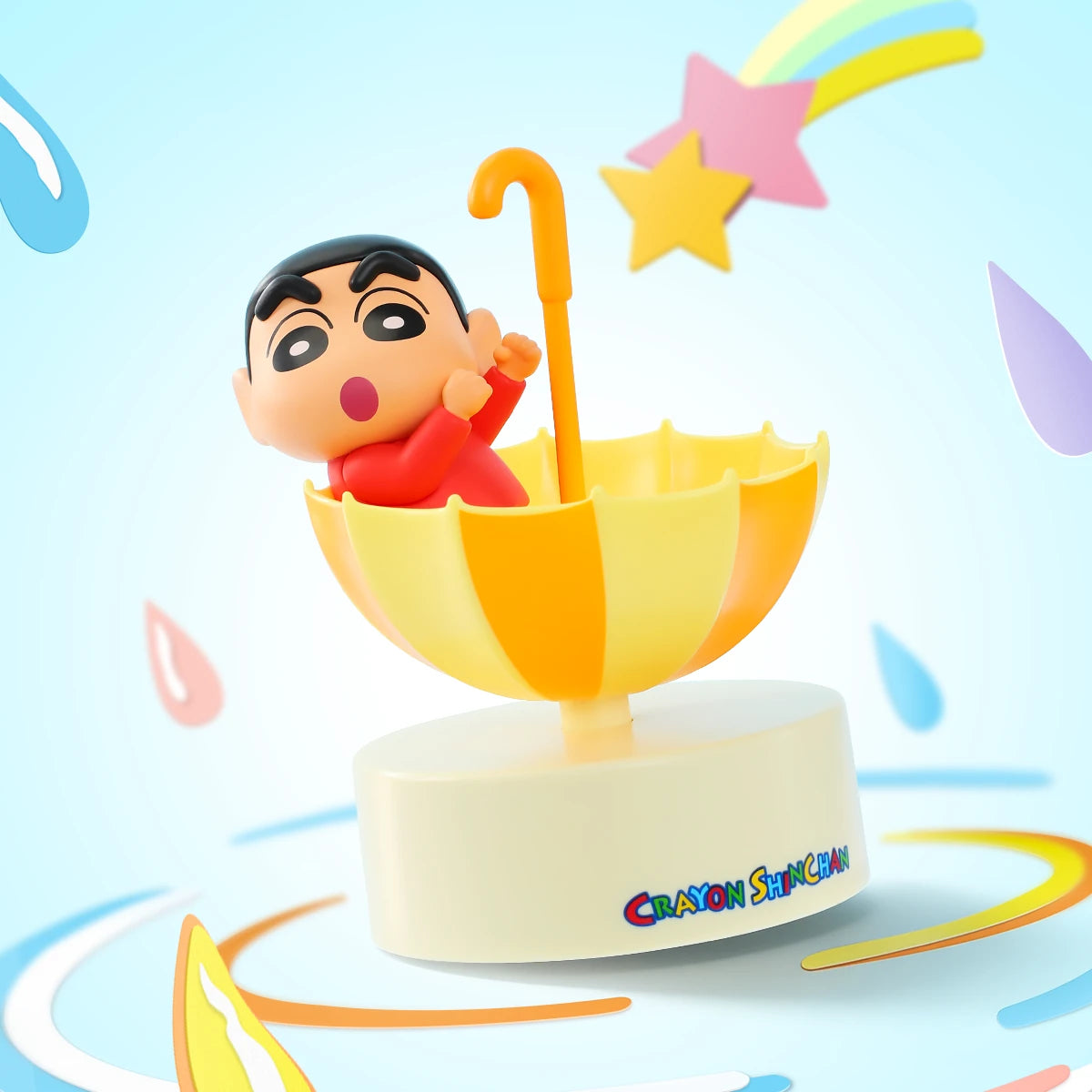 Whirl in the Rain Shinchan riding inside an upturned yellow umbrella, Crayon Shinchan Let's Go Together!