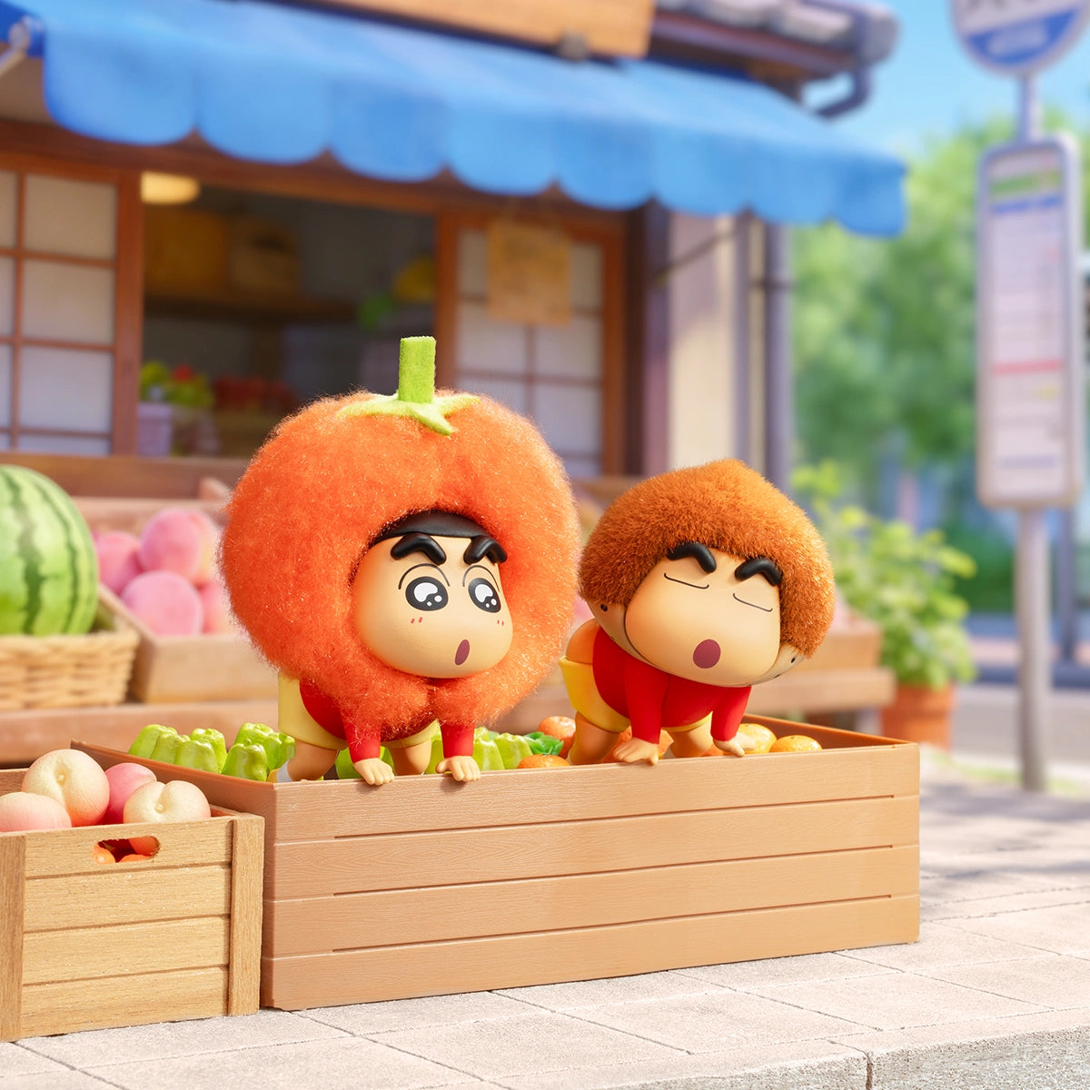 Two persimmon-hood Shinchan figures peeking from a crate at a market stall, Crayon Shinchan Munch On Fruit