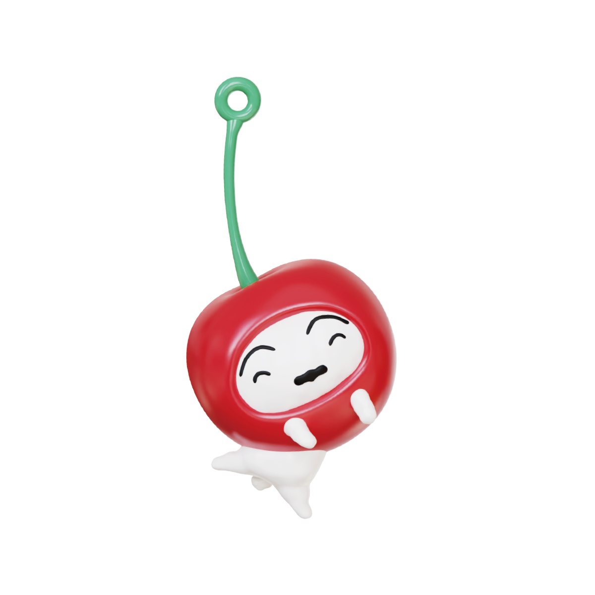 Cherrish You figure, white Shiro in fuzzy red cherry hood with green stem charm, Crayon Shinchan Munch On Fruit