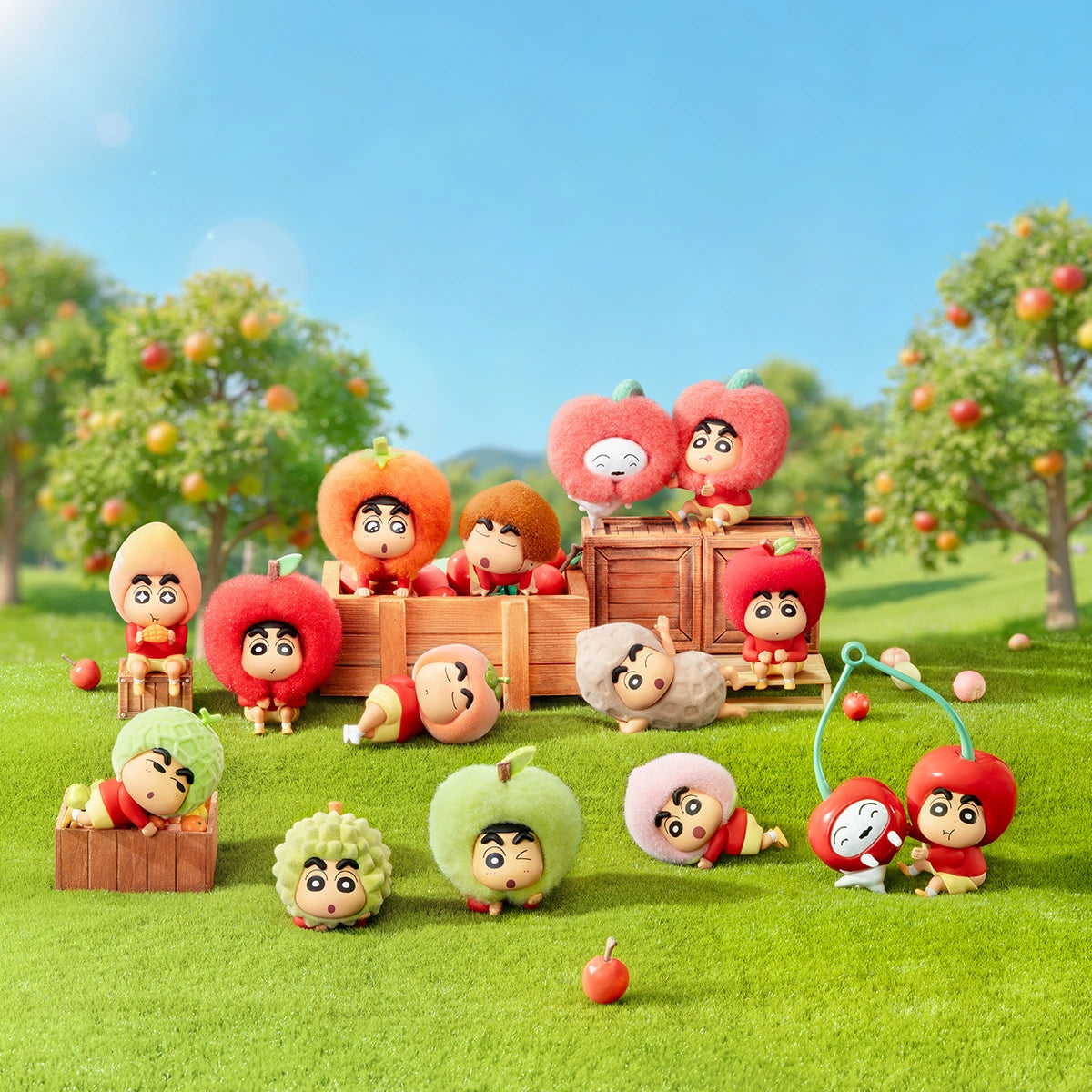 Full Crayon Shinchan Munch On Fruit set in fruit costumes gathered in a sunny apple orchard