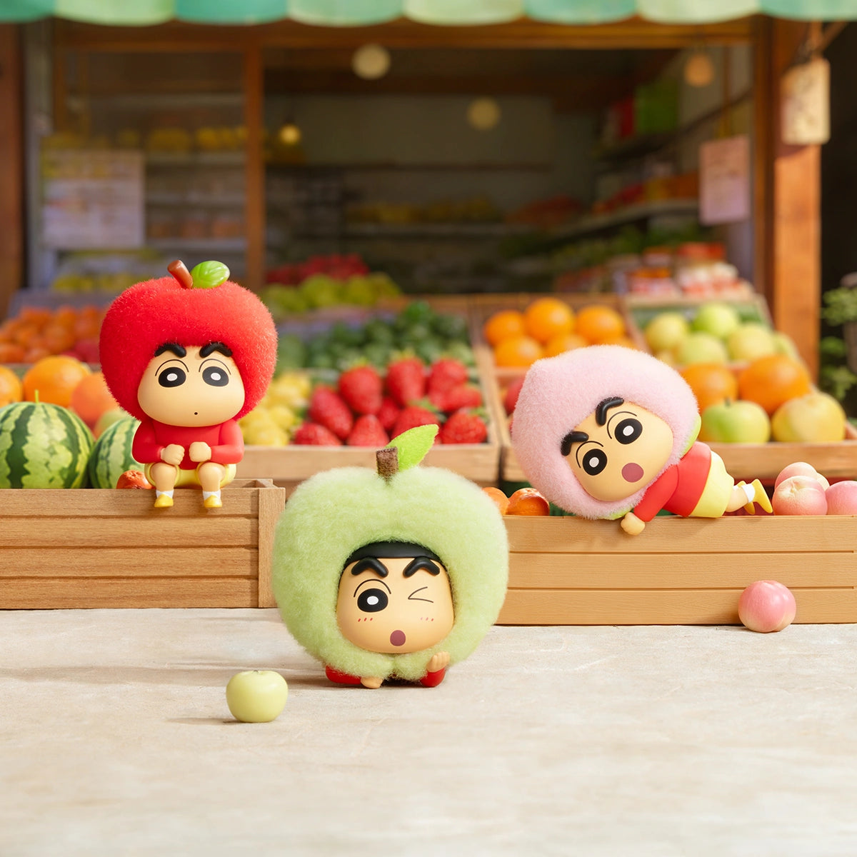 Apple and peach Crayon Shinchan figures at a fruit market stall, Munch On Fruit series