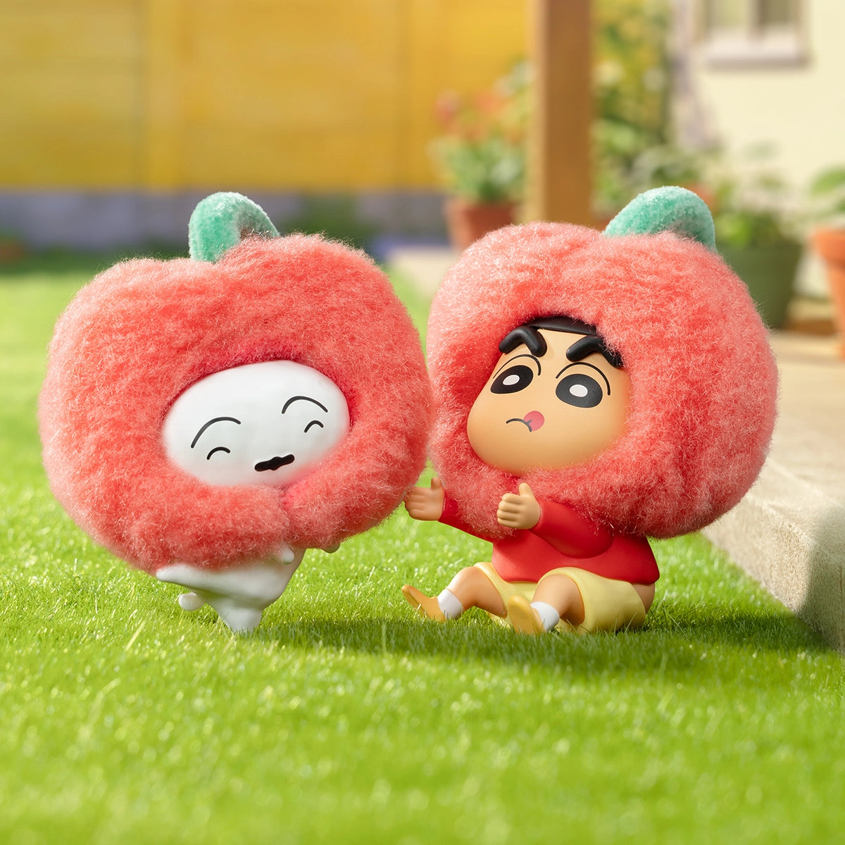 Cherry on Top Shinchan and Shiro cherry-hood pair playing on grass, Crayon Shinchan Munch On Fruit