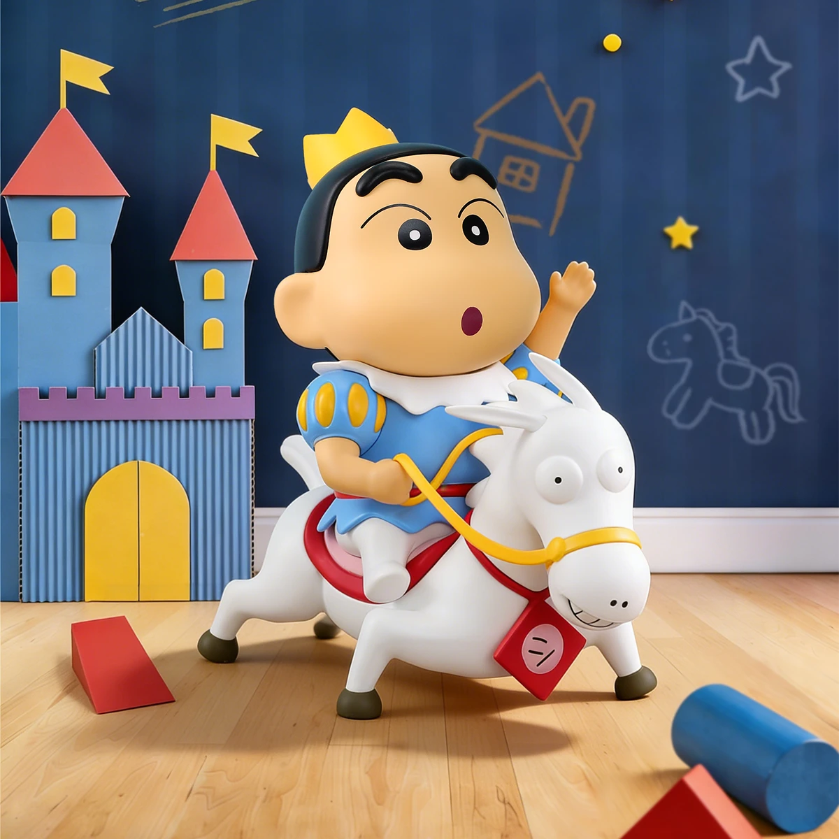 Prince Charming Shinchan figure on a rearing white horse by a toy castle, Crayon Shinchan PLUS