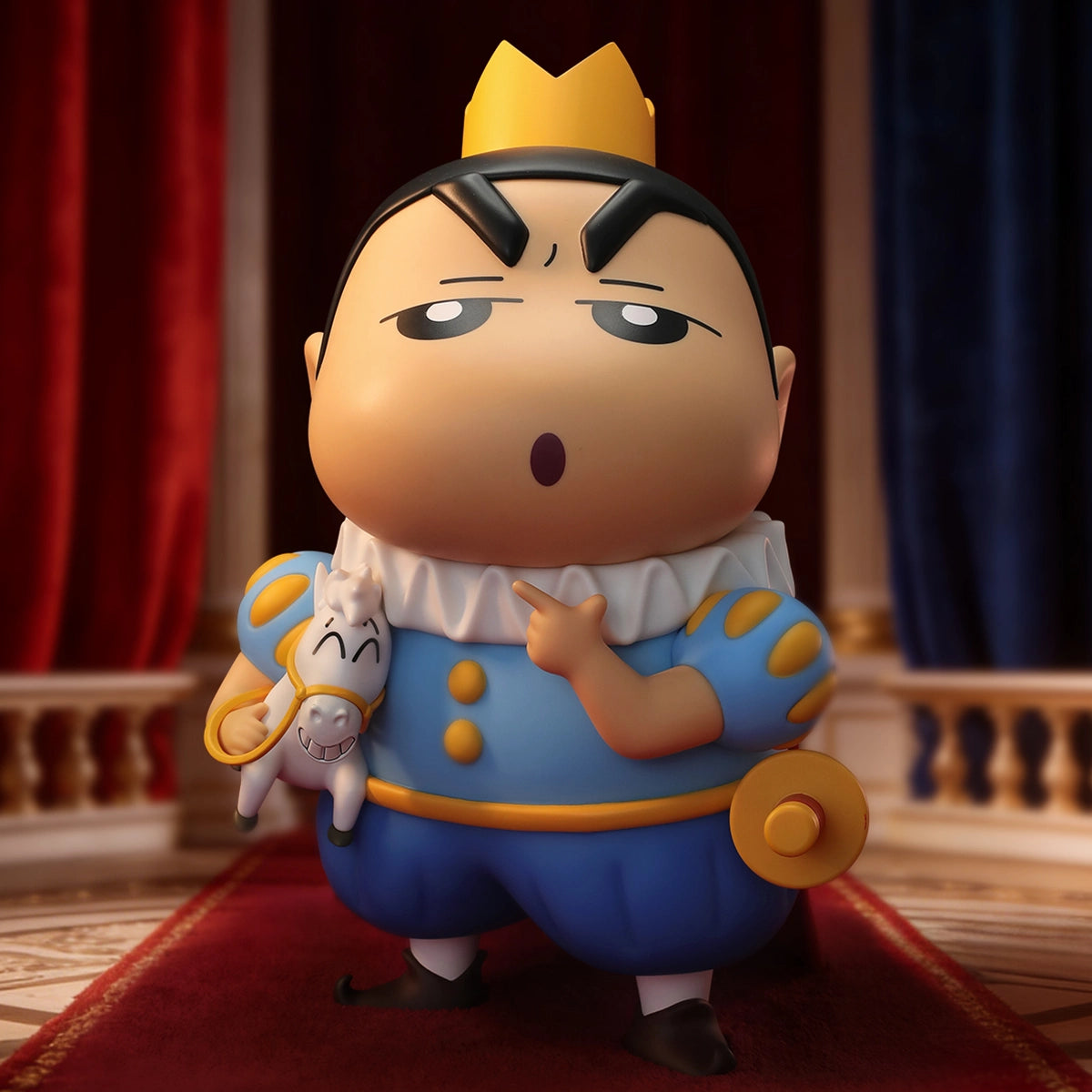 Crayon Shinchan Prince Charming in blue coat and ruffled collar pointing in a palace, PLUS figure