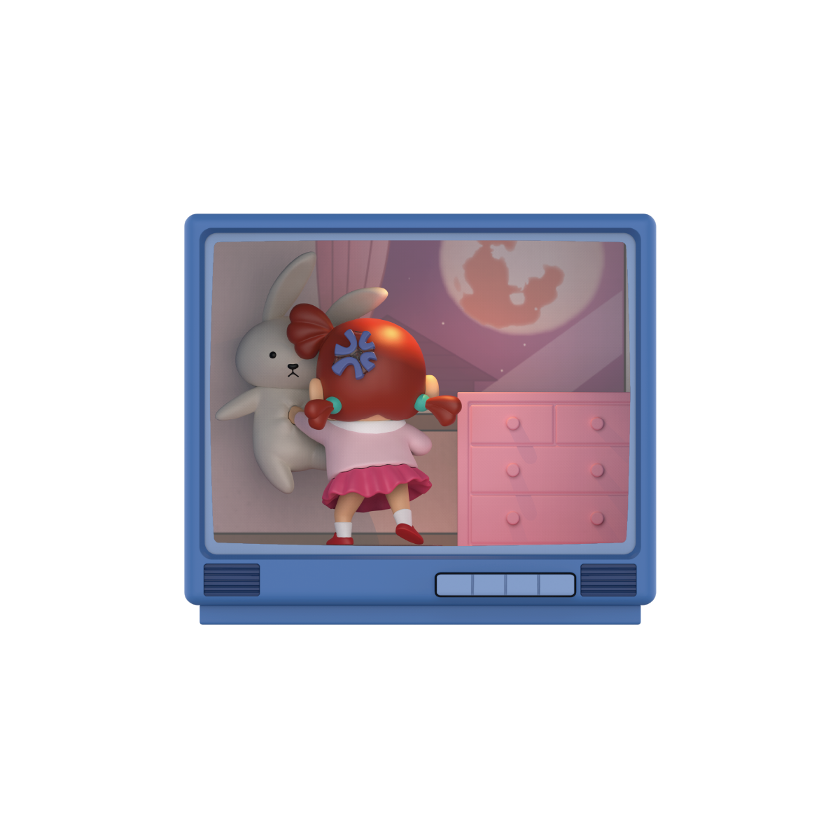 Nene in red dress hugging her rabbit plush in a moonlit bedroom retro TV, Crayon Shinchan Retro TV Series