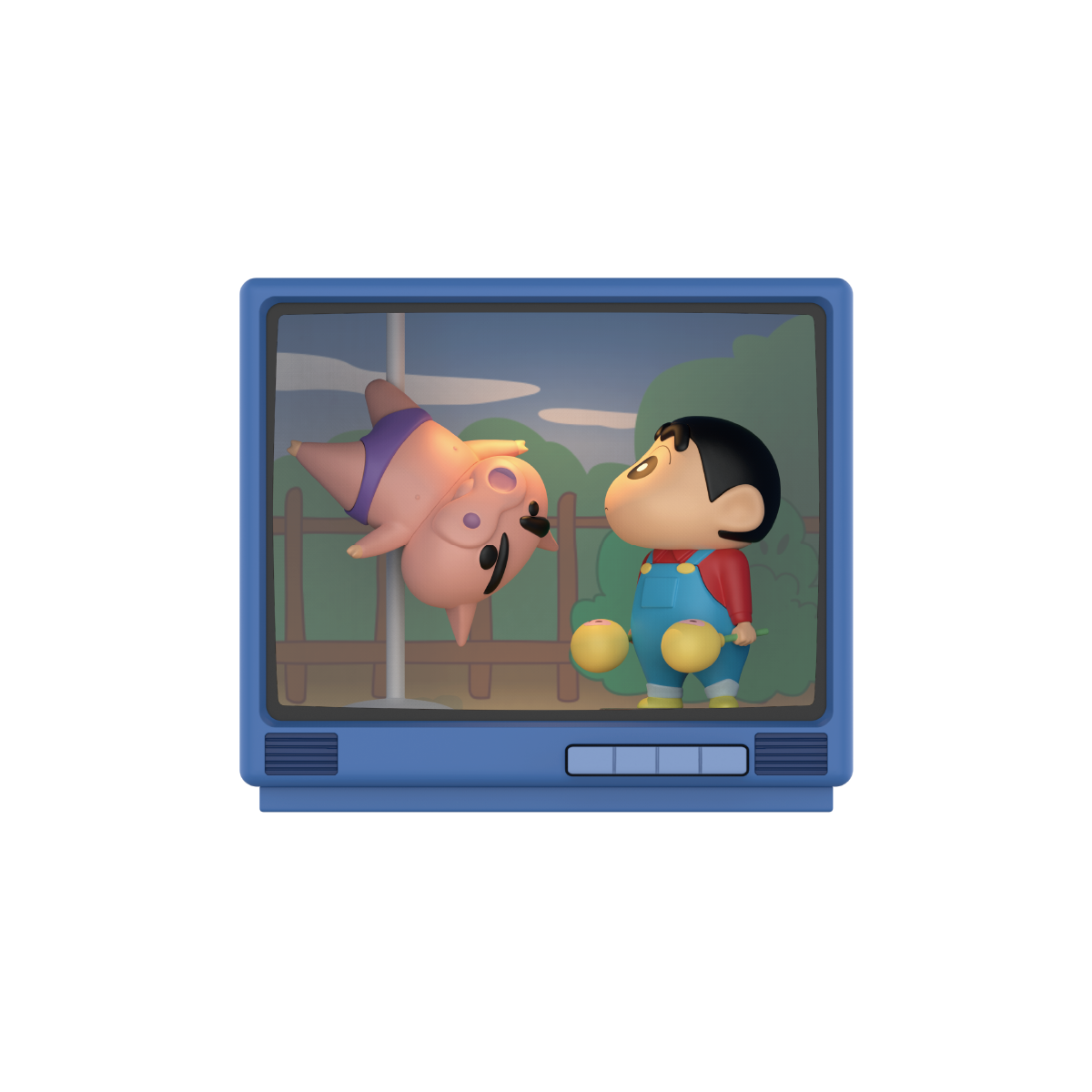 Shinchan in overalls facing a pig on a pole inside a retro CRT TV diorama, Crayon Shinchan Retro TV Series
