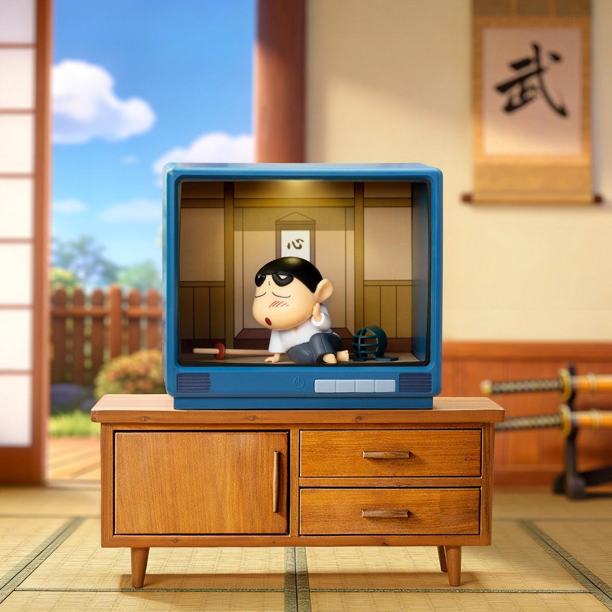 Shy Kendo Shinchan in white gi kneeling in a dojo inside a retro TV, Crayon Shinchan Retro TV Series