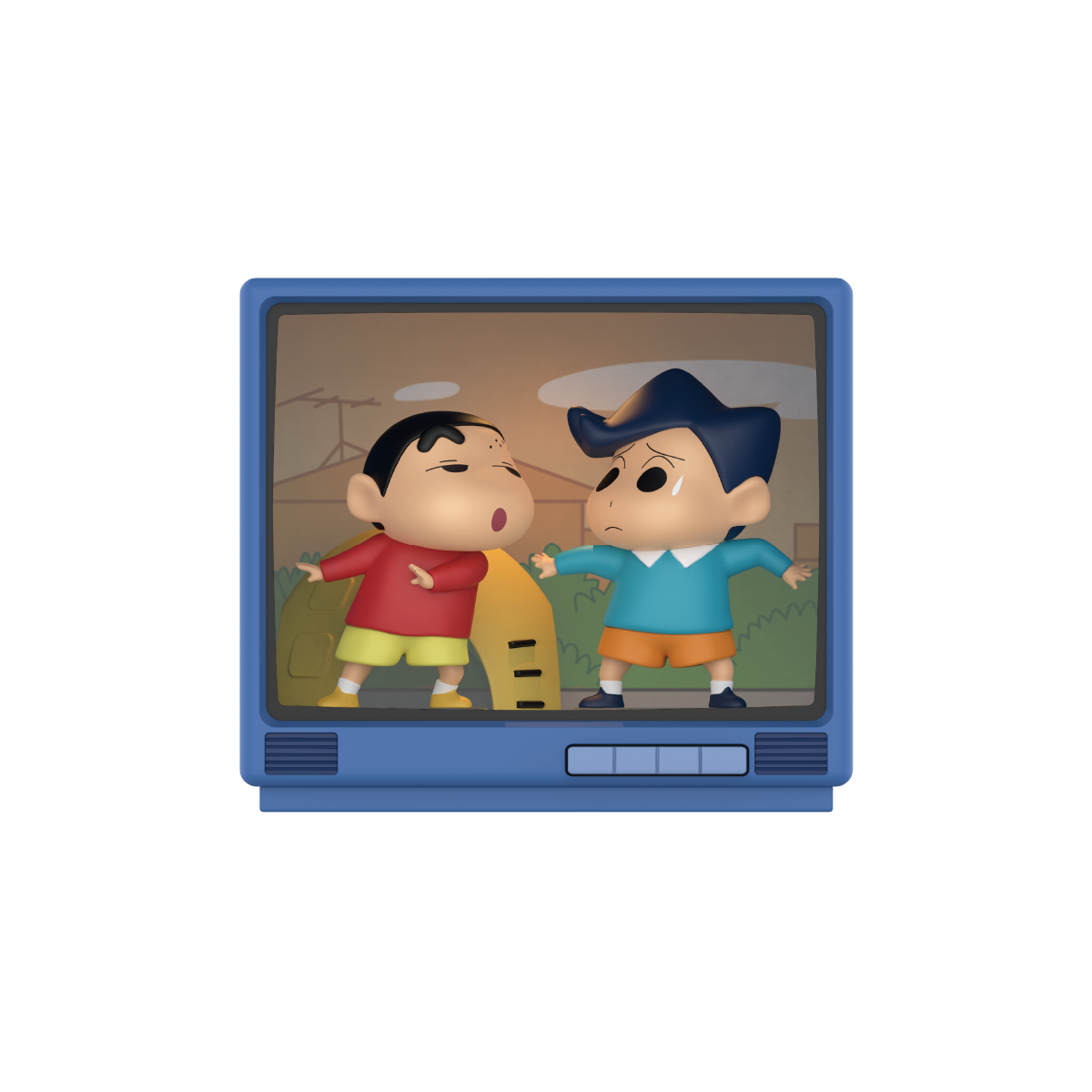 Brave Unibrow Shinchan facing a boy in a cowboy hat inside a retro CRT TV diorama, Crayon Shinchan Retro TV Series