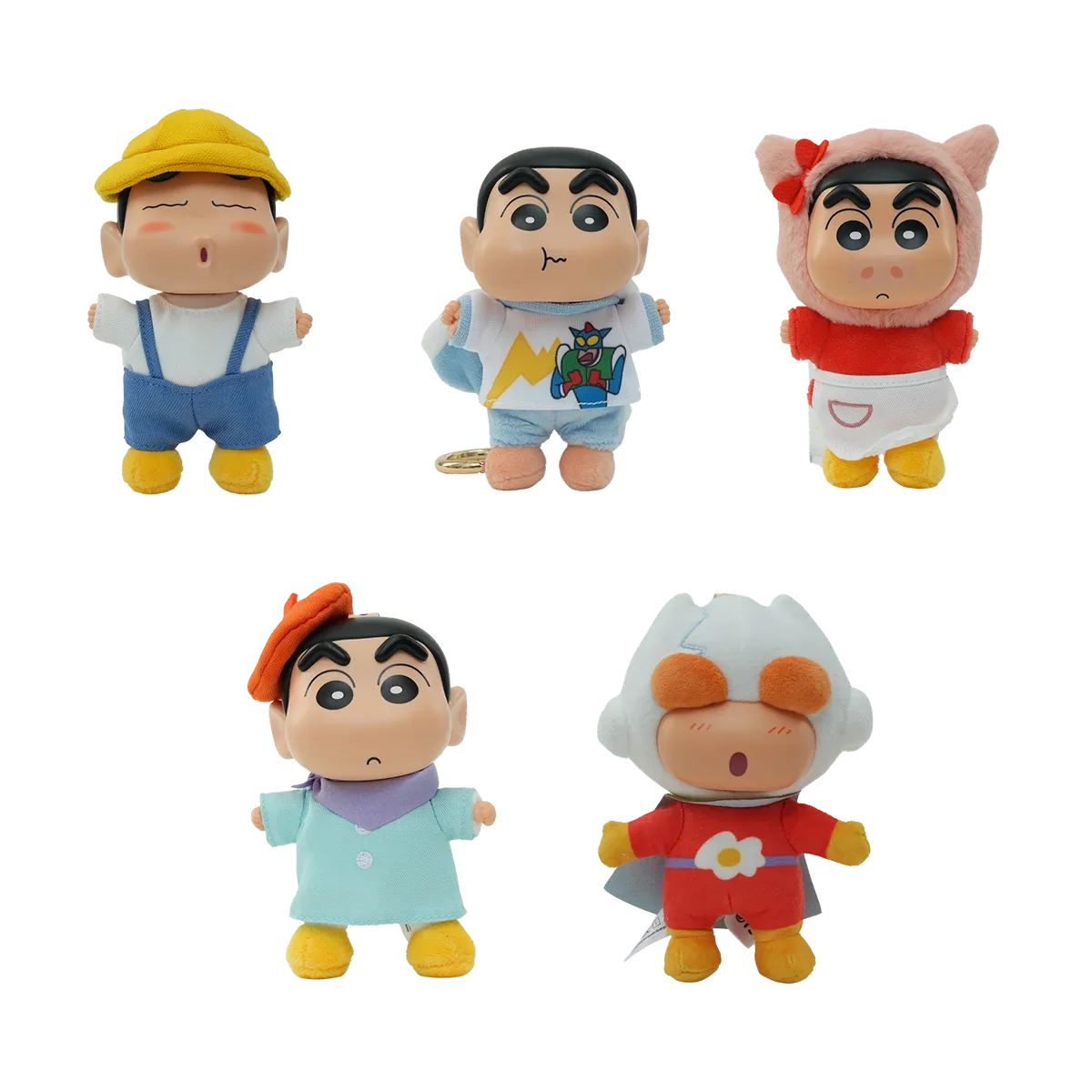 Complete Shinchan Wardrobe lineup in overalls, artist outfit, Action Kamen shirt, cat hood, and secret costume