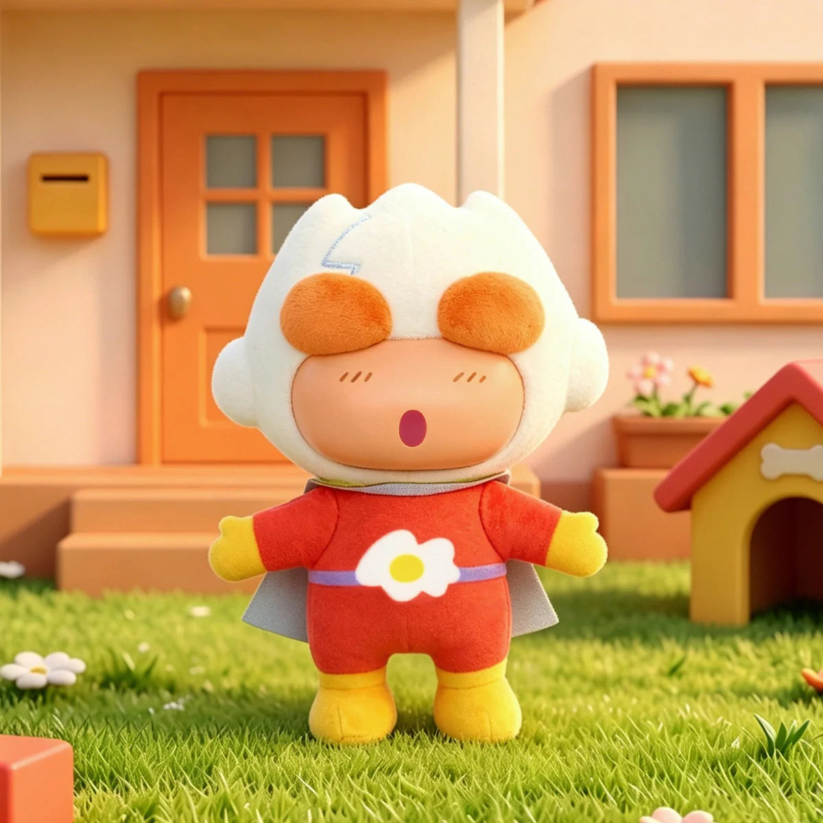 Secret Shinchan Wardrobe plush in a white fluffy hood and red flower outfit standing in a yard
