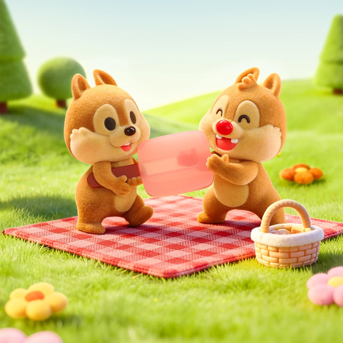 Những đứa trẻ nhỏ trên một chiếc Chip Pop và Dale chia sẻ một chiếc Popsicle màu hồng trên một buổi dã ngoại cỏ, Disney Cuddle Crew flocked figures