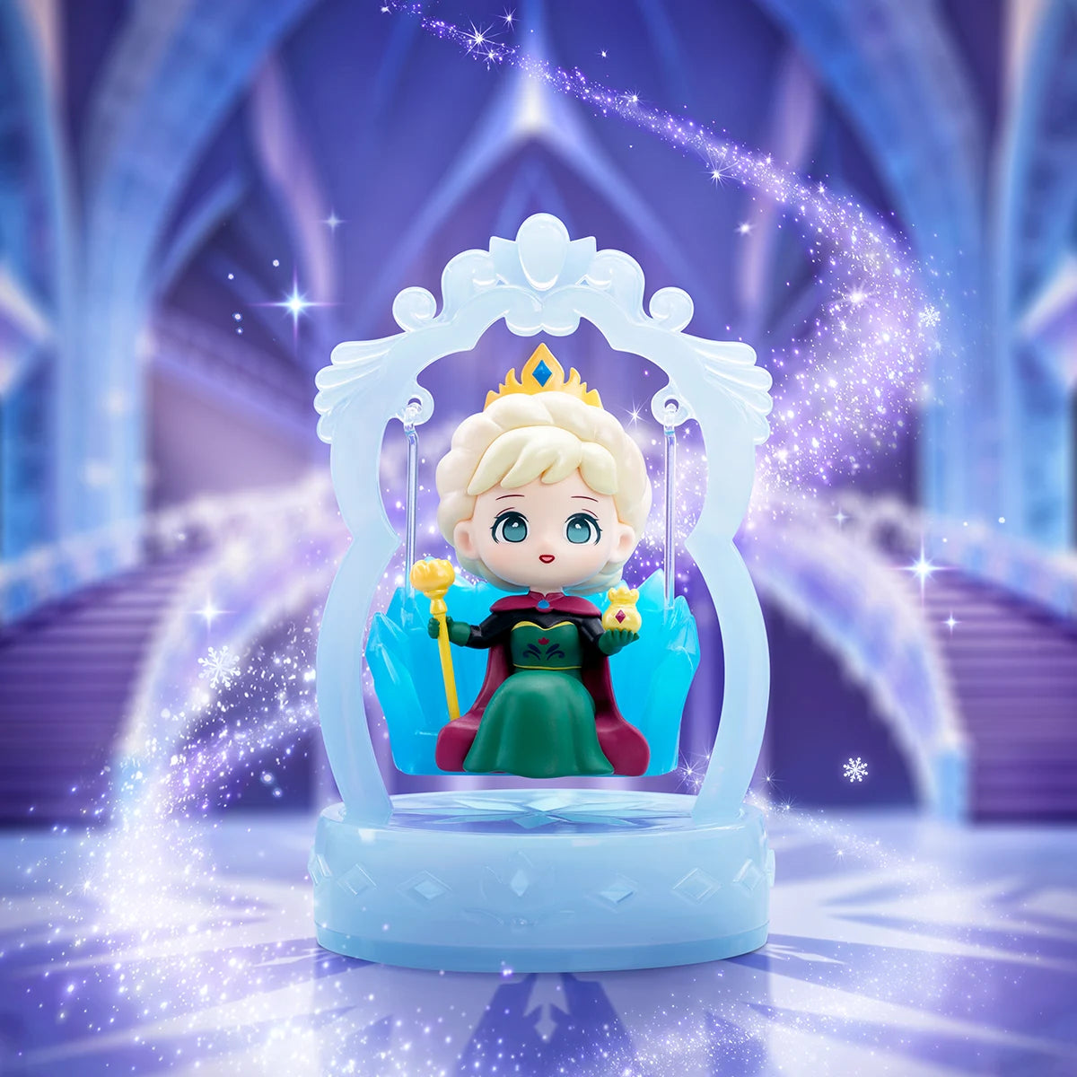 Queen Elsa in coronation gown with golden scepter and orb on an ice swing, Frozen Enchanted Swing