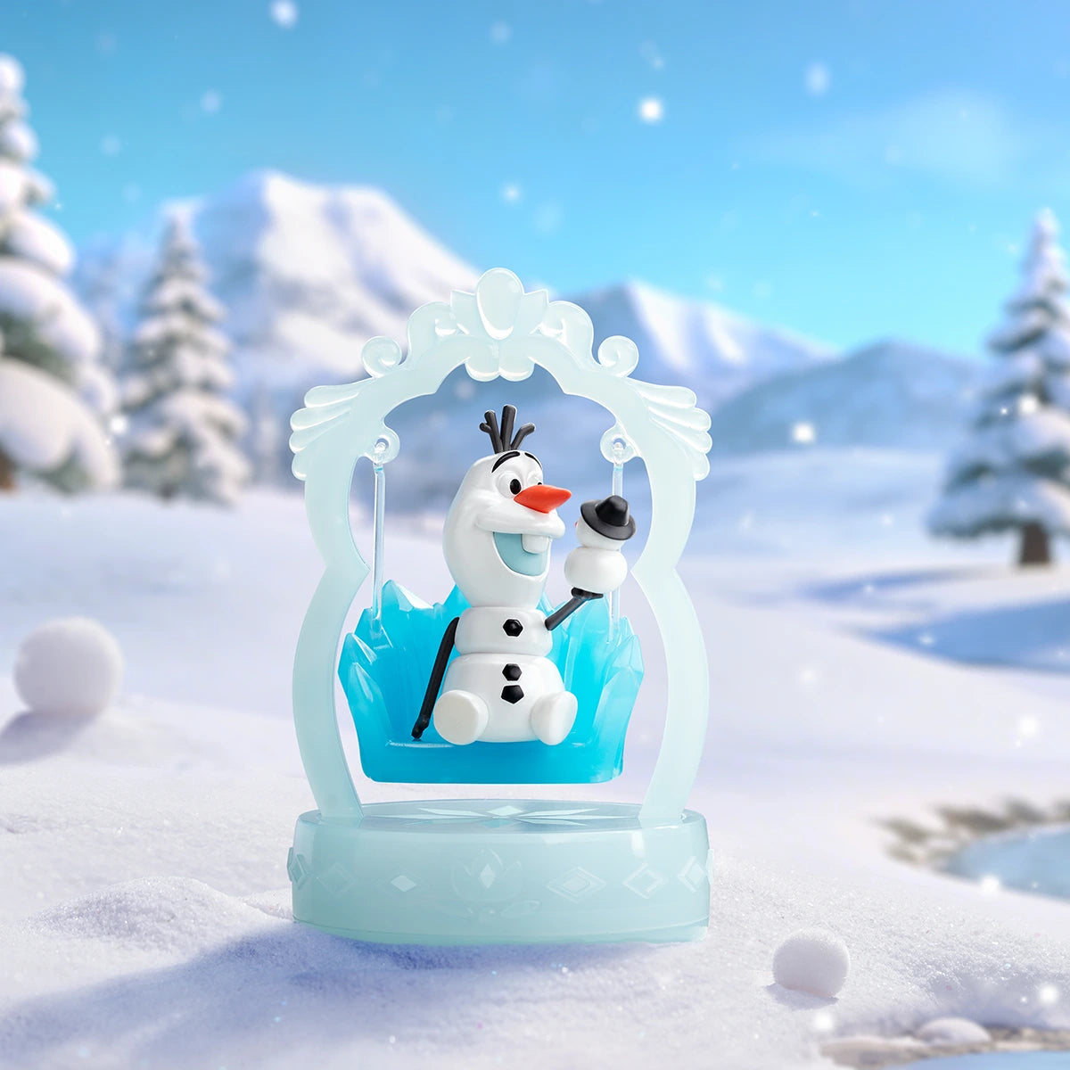 Olaf & Little Snowman: Olaf holding a tiny top-hatted snowman on a swing, Frozen Enchanted Swing