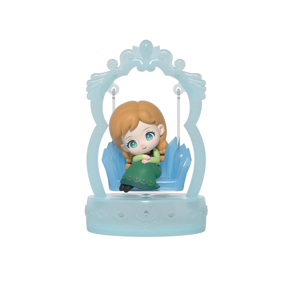 Moments with Anna: Anna in green dress with auburn braids on a blue ice swing, Frozen Enchanted Swing
