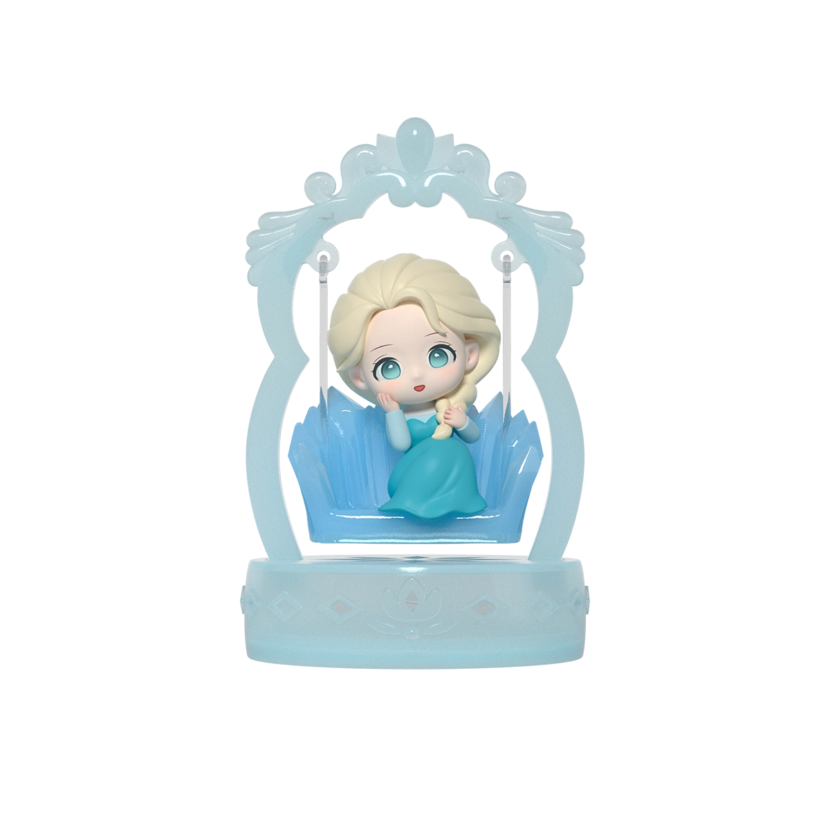 Serene Elsa in teal dress, hand to cheek, on a blue ice-crystal swing, Frozen Enchanted Swing