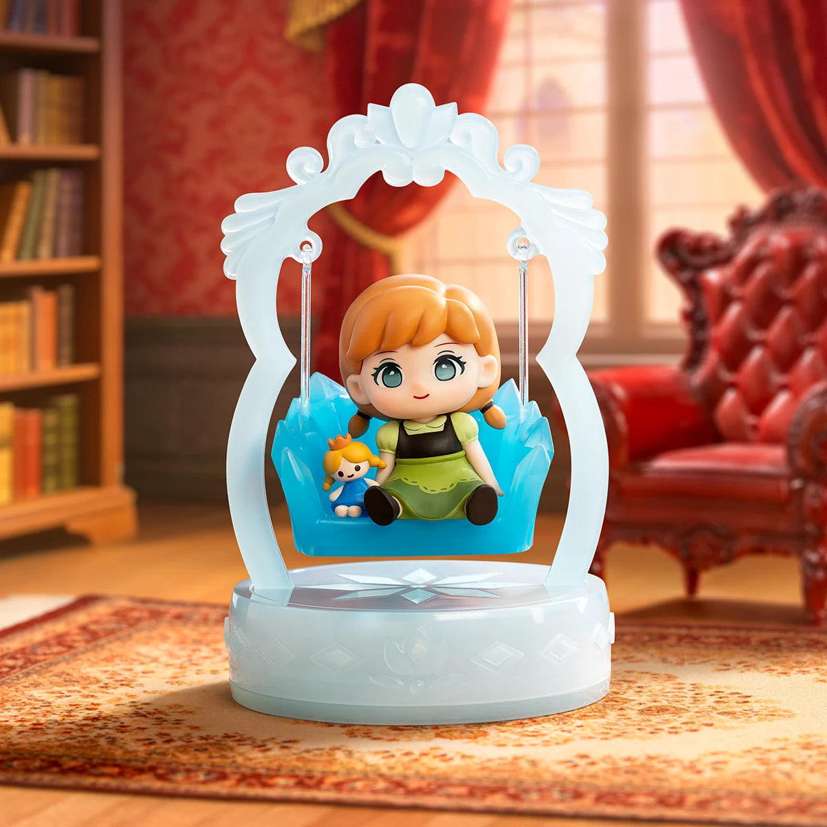 Anna & Her Doll: Anna in teal dress holding a plush doll on an ice swing, Frozen Enchanted Swing