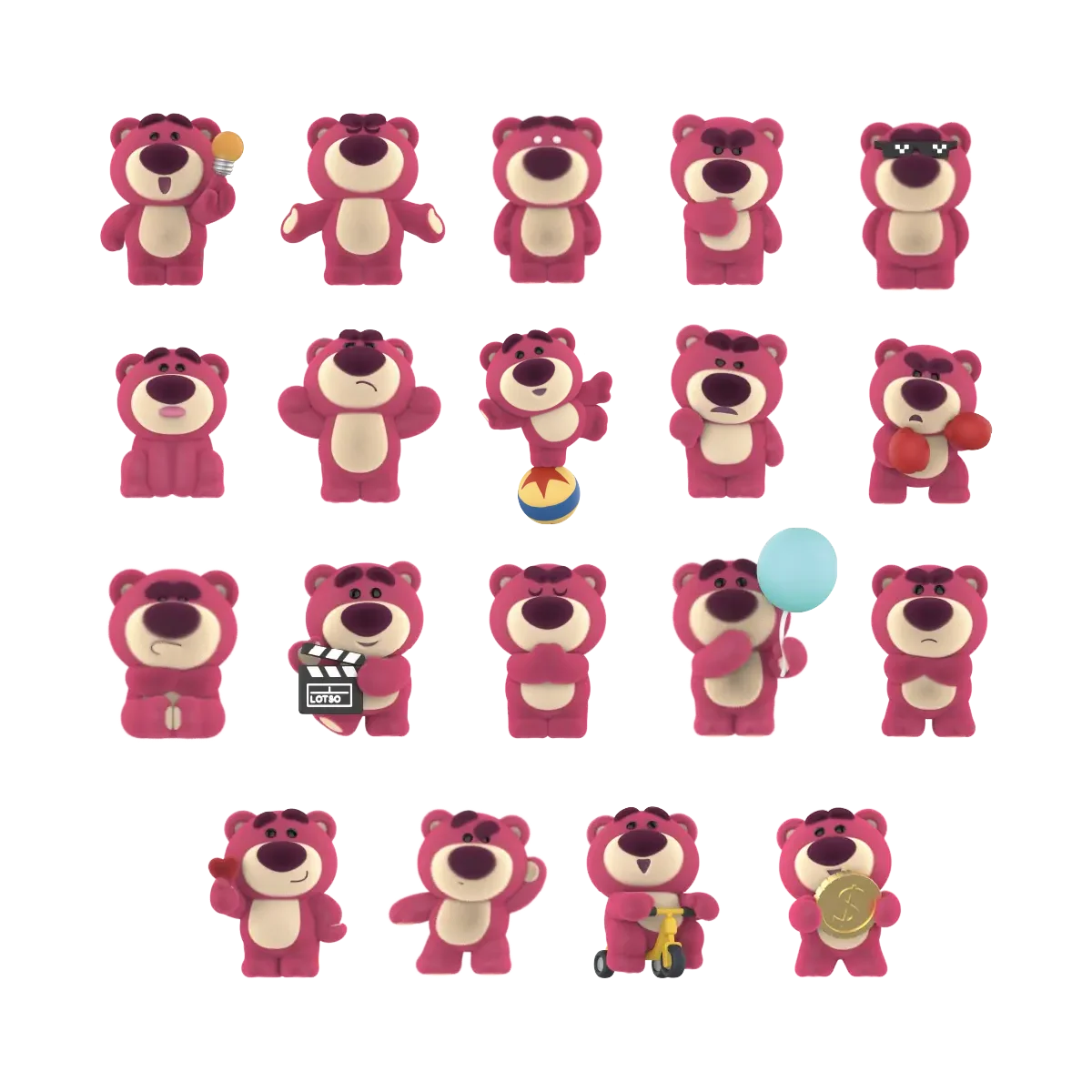 Complete lineup of 20 Lotso MiniMe Series 2 poses and accessories