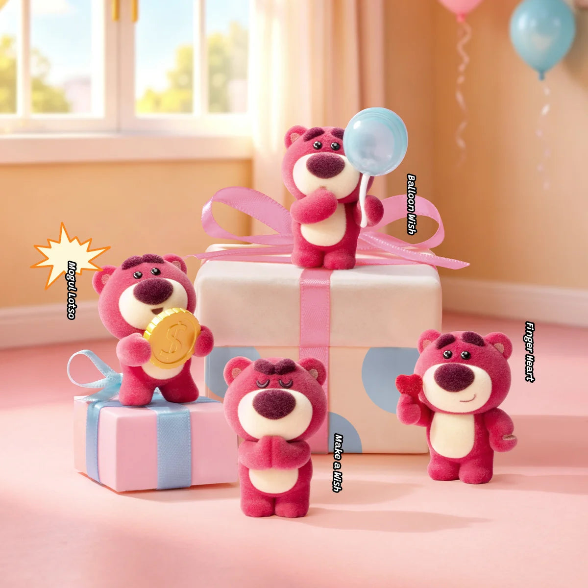 Five Lotso MiniMe figures with balloon, cookie, lollipop, and waving poses around gift boxes