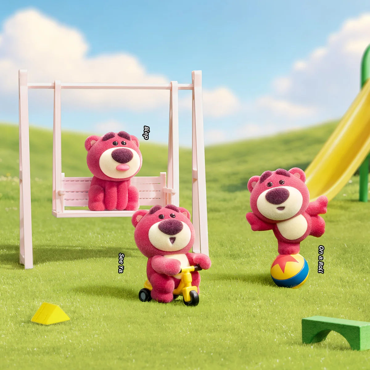 Three Lotso MiniMe figures playing on a swing, toy scooter, and striped ball