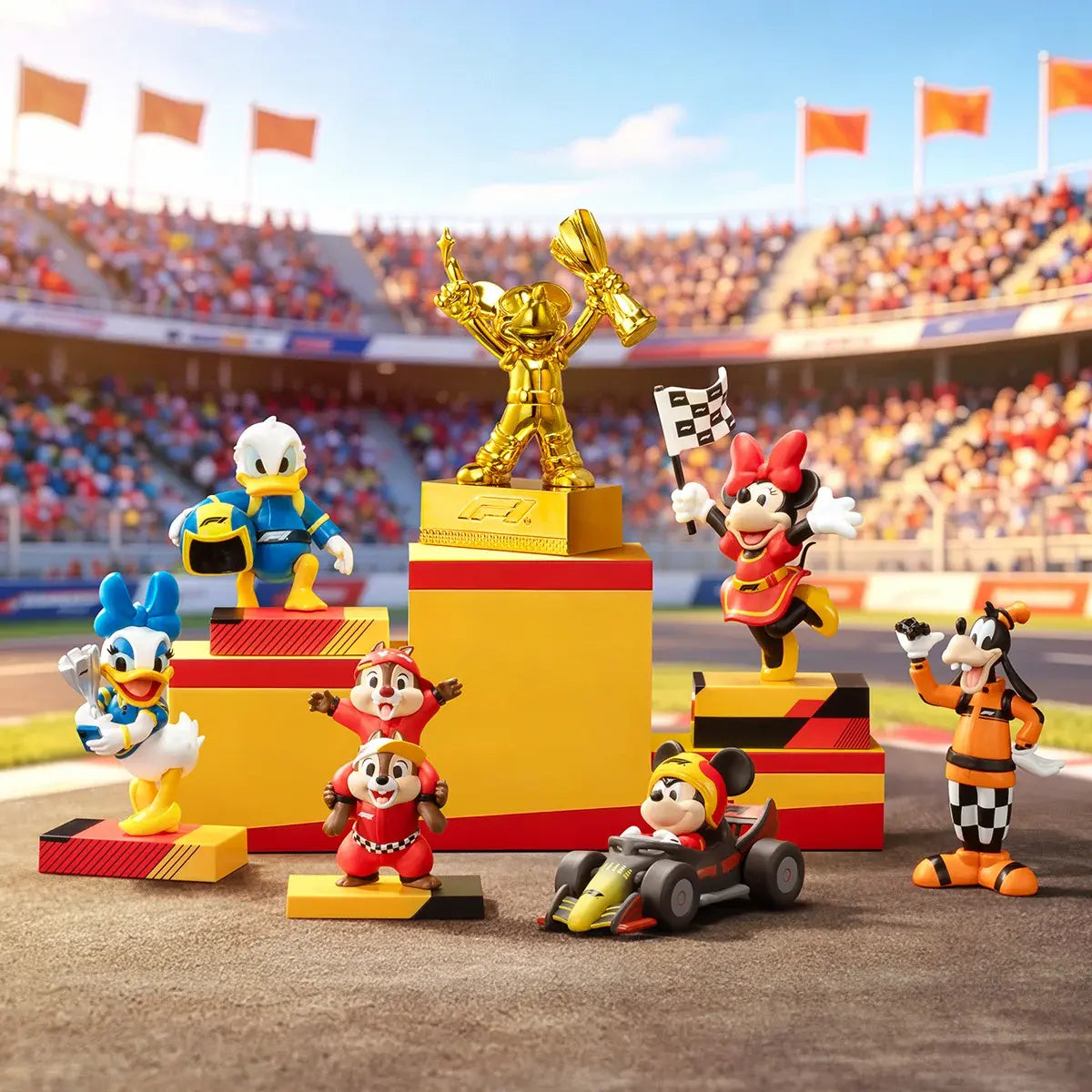 Mickey, Minnie, Goofy, Daisy, Donald, Chip and Dale race figures arranged around a gold trophy