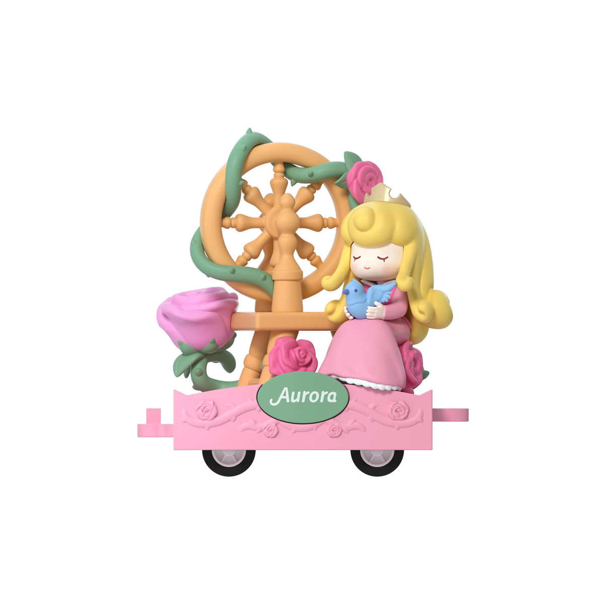 Aurora baby with bluebird beside a rose-covered spinning wheel on a pink cart, D-Baby Romantic Parade