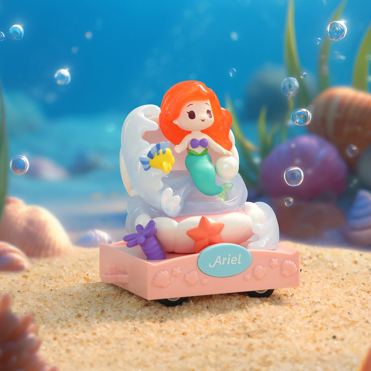 Ariel mermaid baby with red hair on a white shell float underwater, Disney Princess D-Baby Romantic Parade