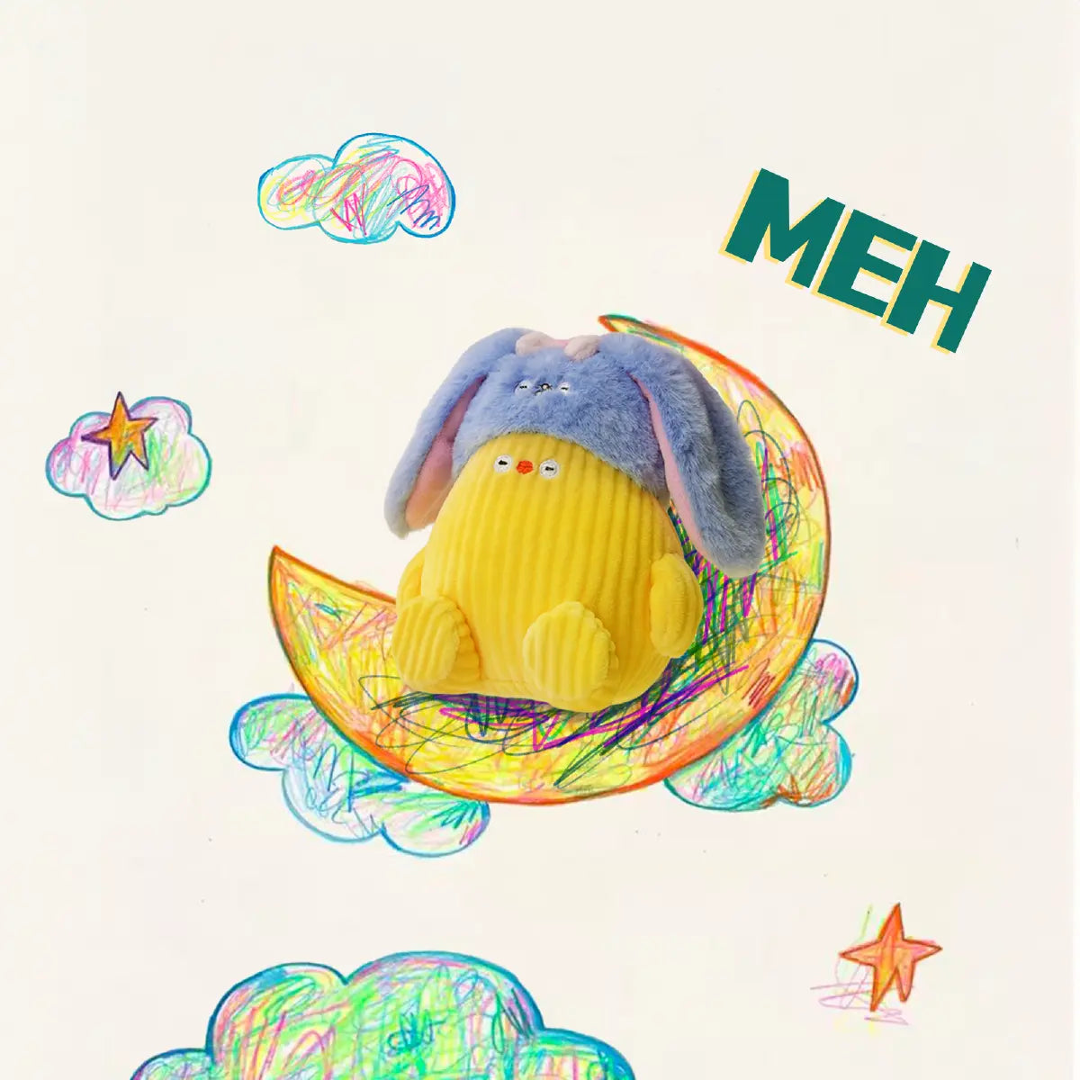 Flabjacks Meh yellow plush with blue hair reclining on a crescent moon