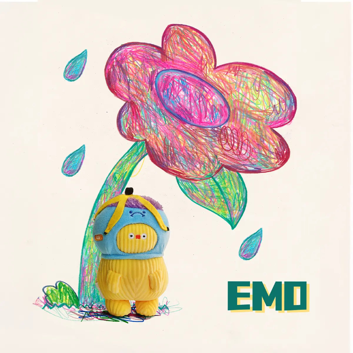 Flabjacks Emo yellow plush in a blue hood standing beneath a crayon-drawn flower