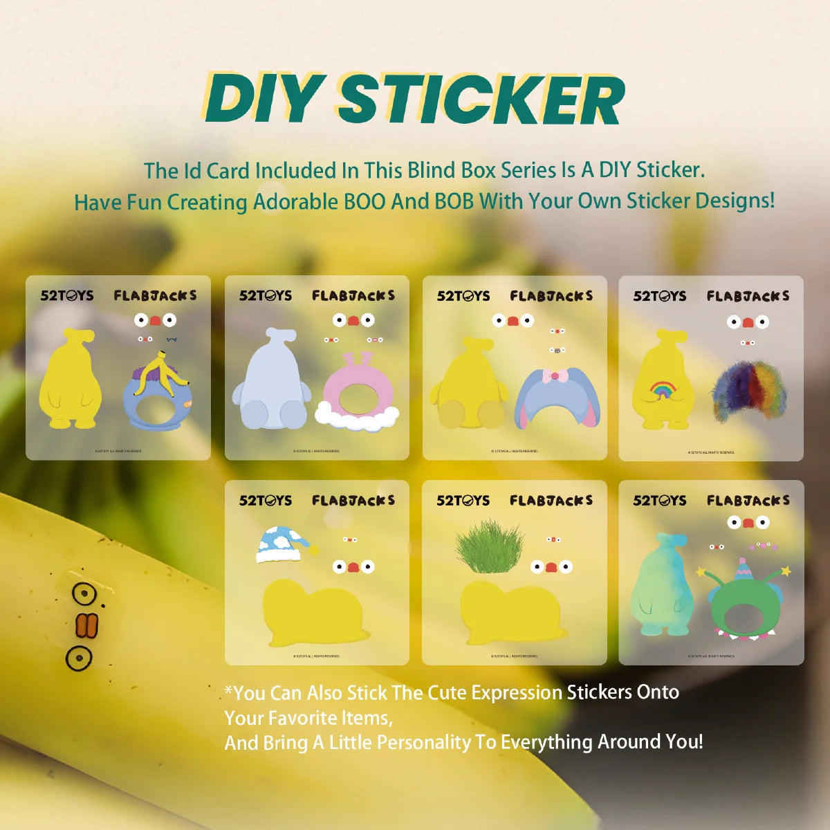DIY sticker guide showing seven Flabjacks Big Feels character cards and expression stickers