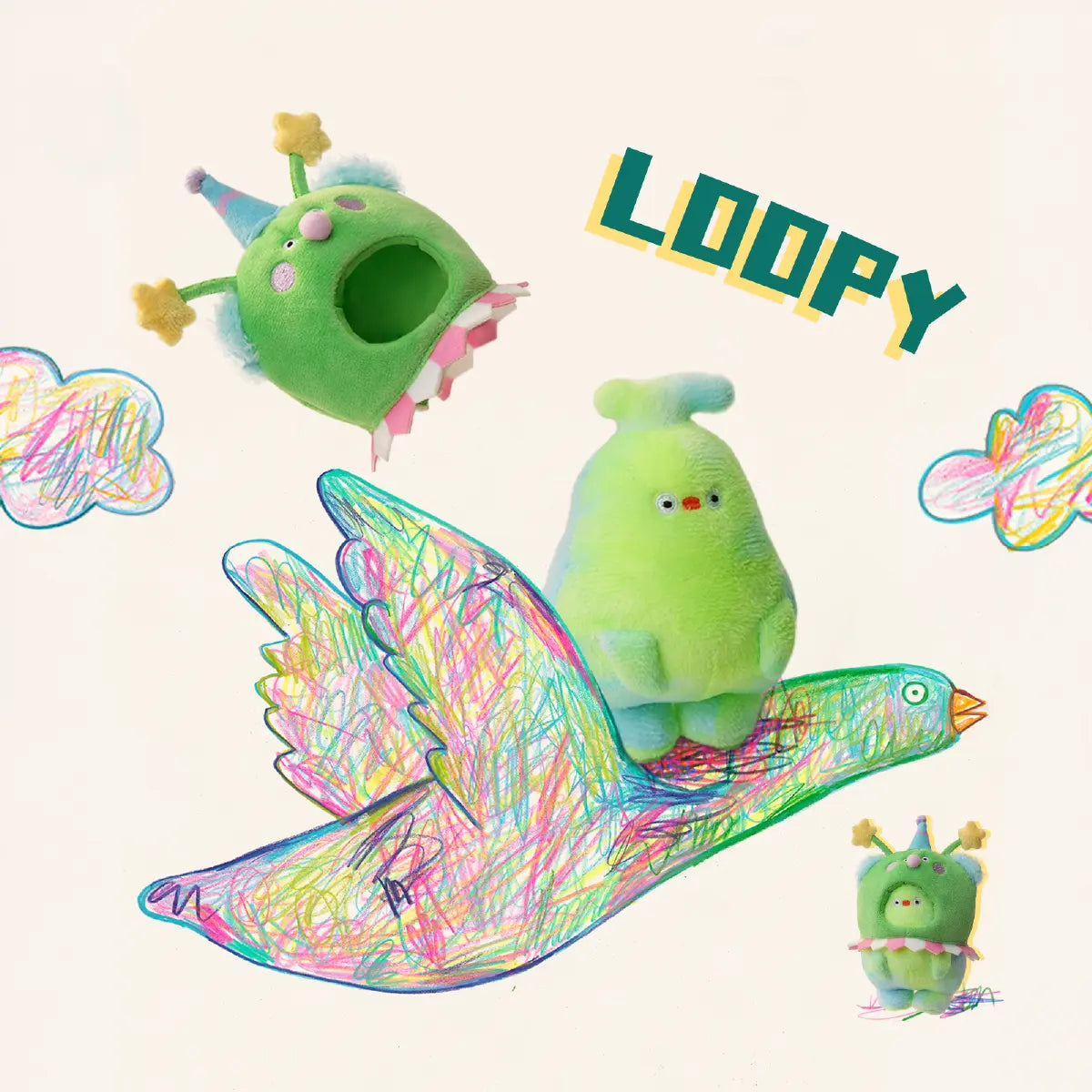 Flabjacks Loopy green plush character illustrated flying on a crayon-drawn bird