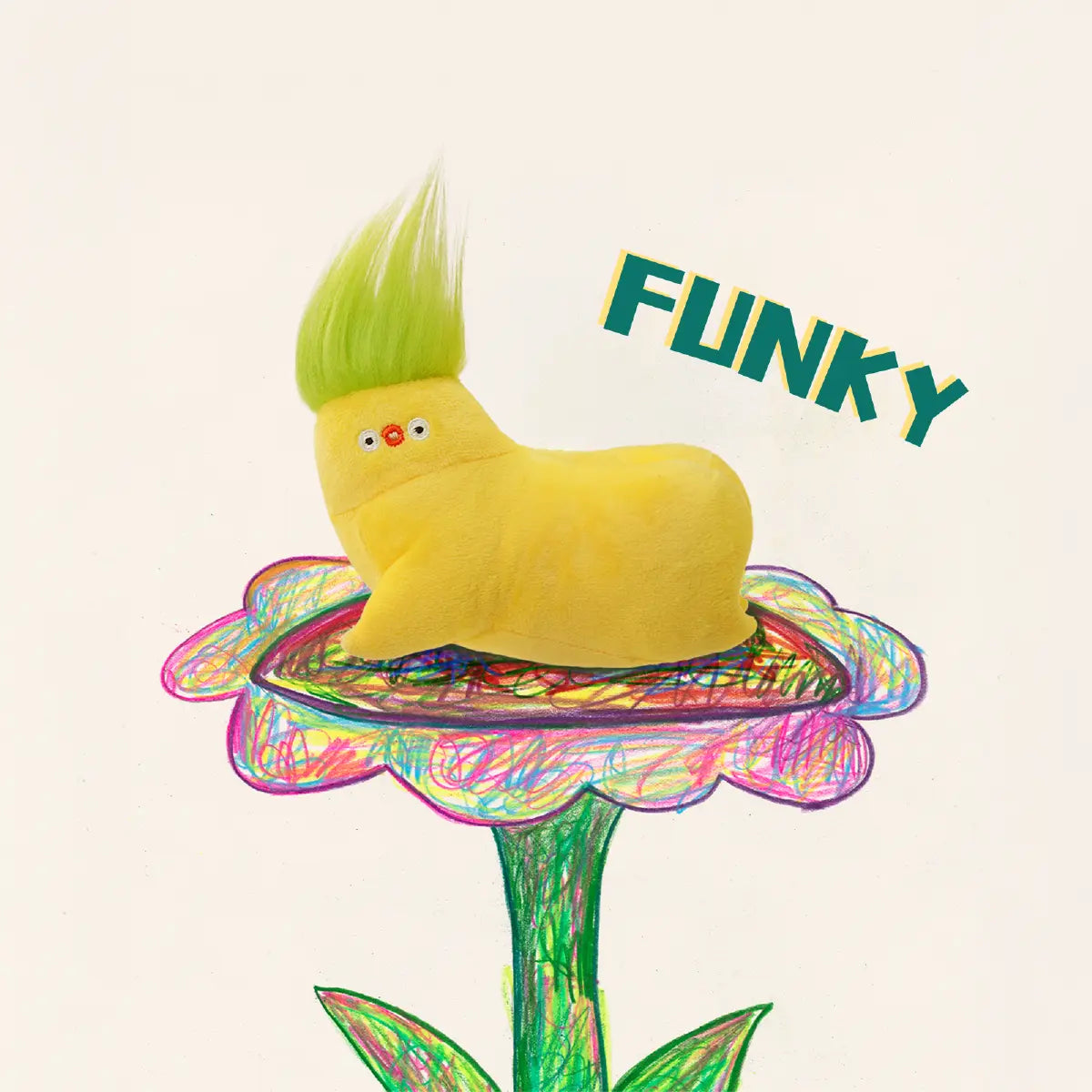 Flabjacks Funky yellow long-neck plush character on a crayon-drawn flower