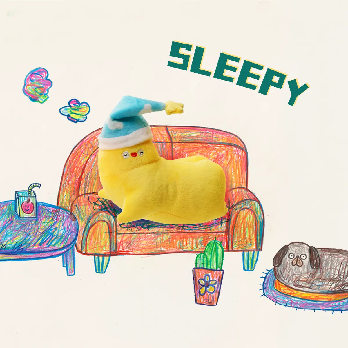 Flabjacks Sleepy yellow plush character resting on a crayon-drawn sofa