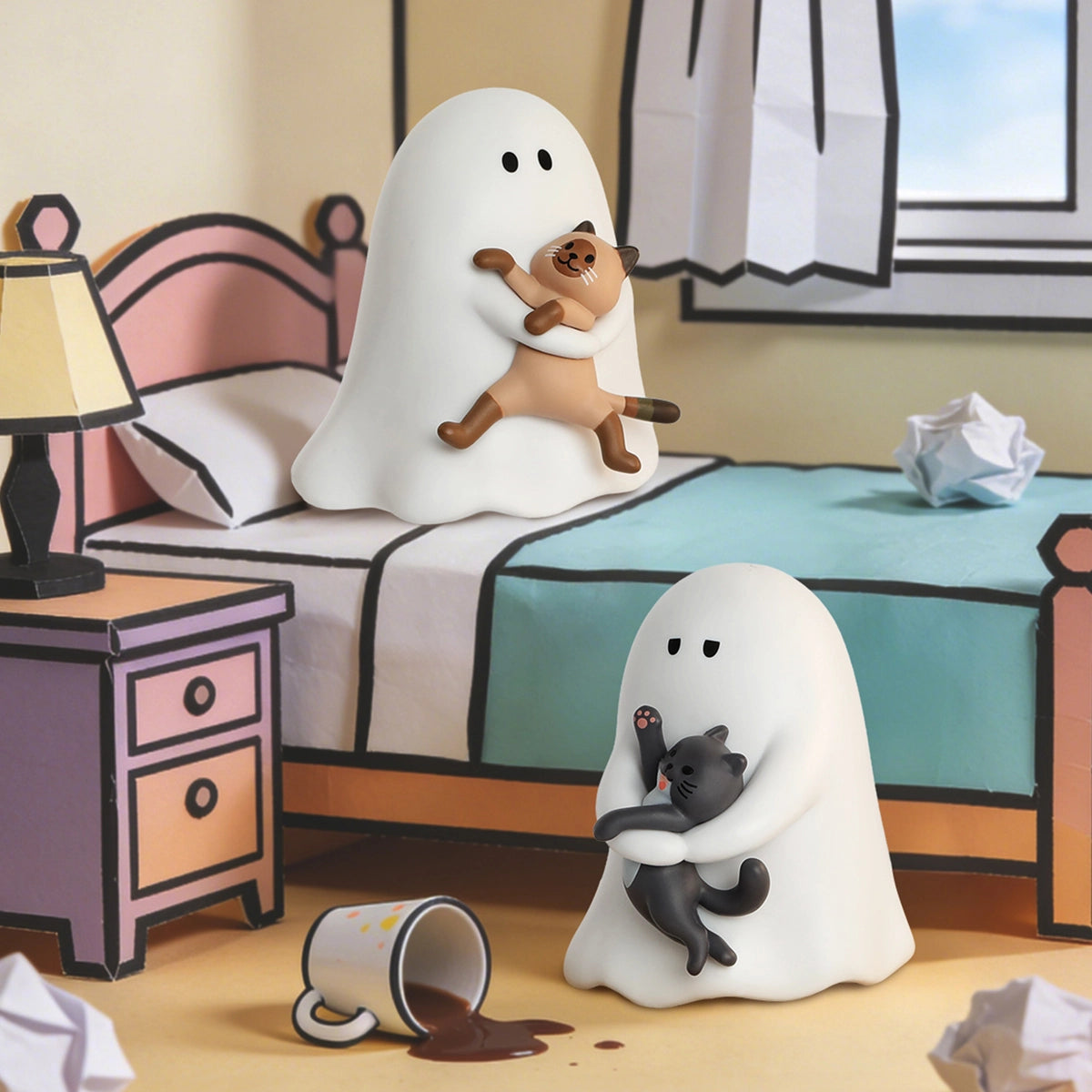 Ghody ghosts holding a Siamese cat and a black cat in a bedroom scene, Behold My Cat series