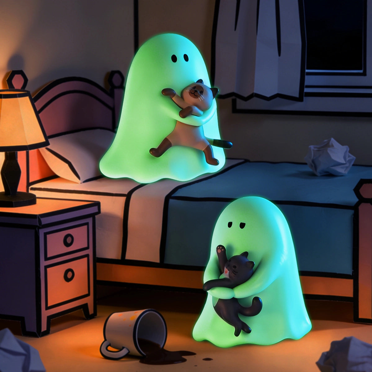 Glow-in-the-dark Ghody ghosts cuddling a Siamese and a black cat at night, Behold My Cat series