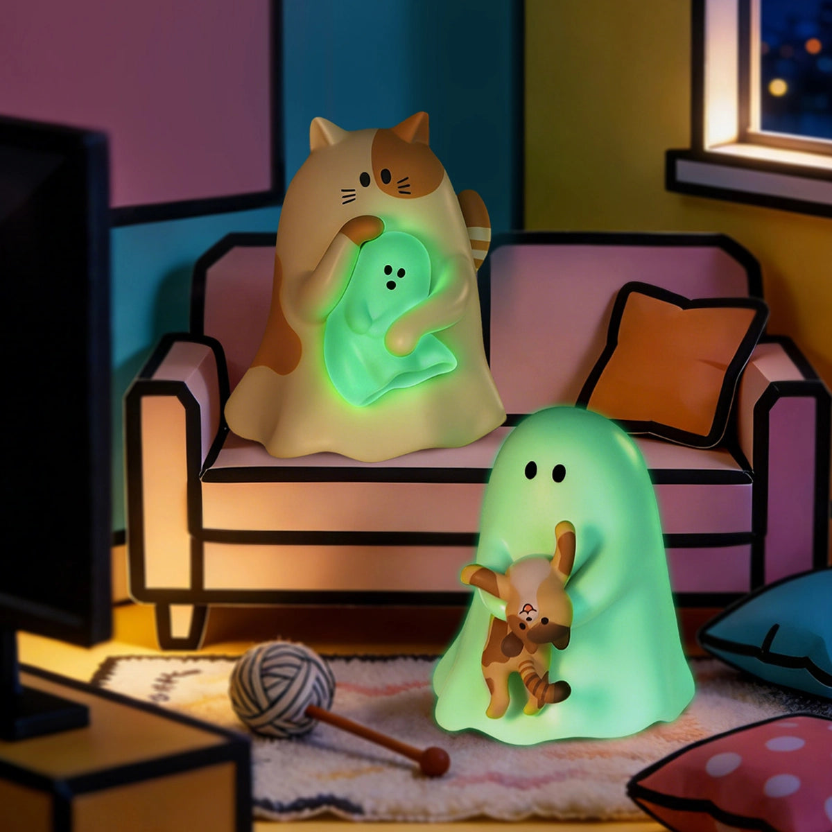 Glow-in-the-dark secret calico cat cradling a tiny Ghody ghost in a living room, Behold My Cat