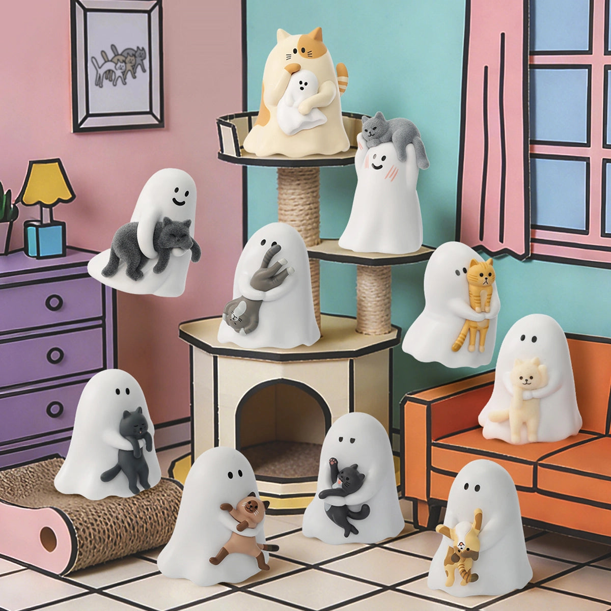 Ghody ghost figures with their cats arranged on a cat tower in a cartoon room, Behold My Cat