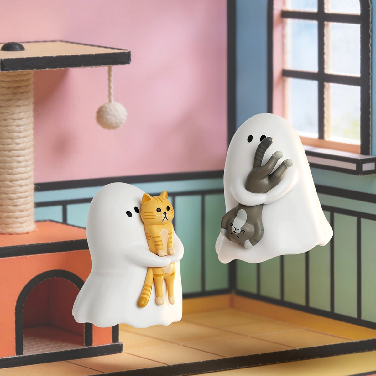 Ghody ghost hugging an orange tabby beside another holding a gray cat, Behold My Cat series