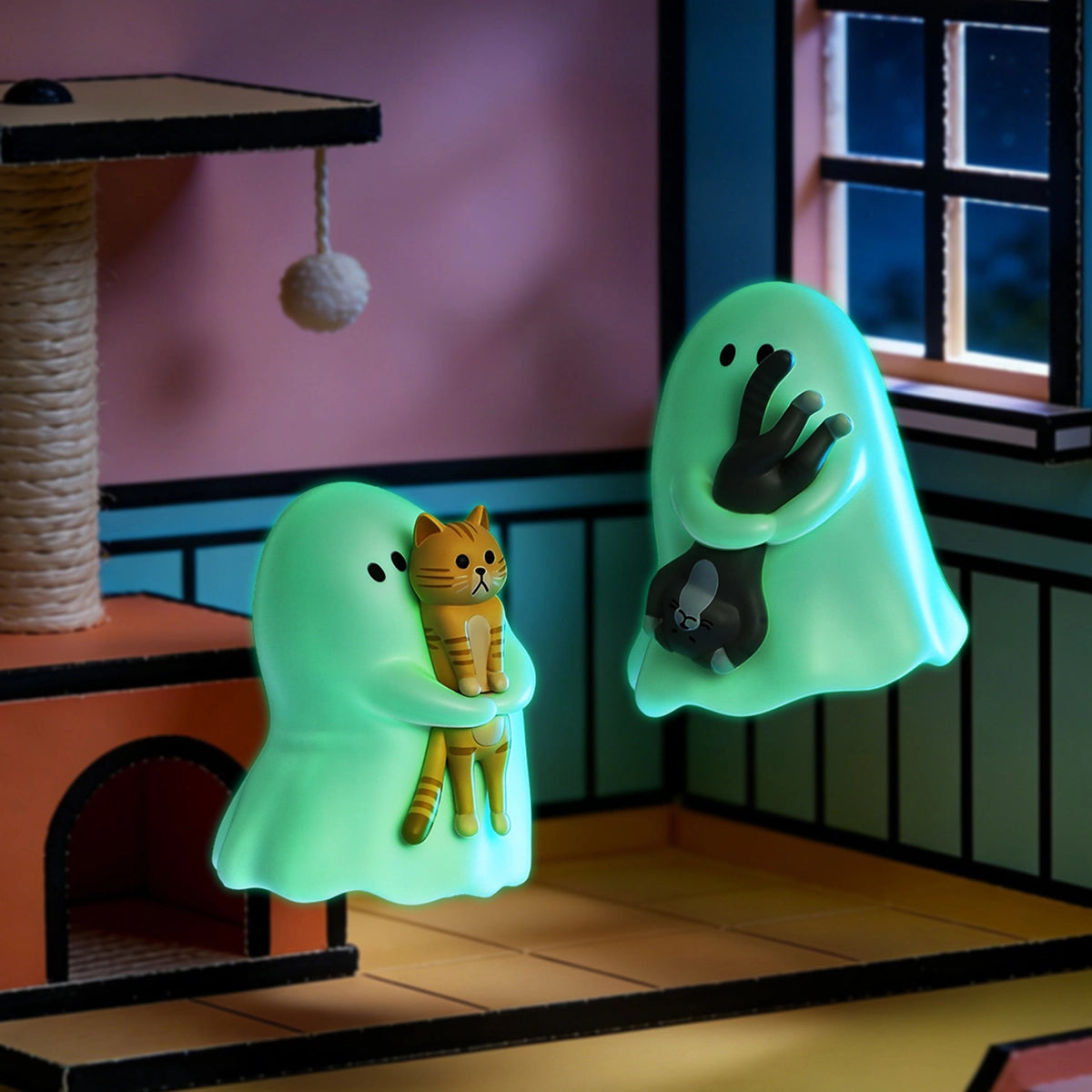 Glow-in-the-dark Ghody ghosts holding an orange tabby and a black cat at night, Behold My Cat