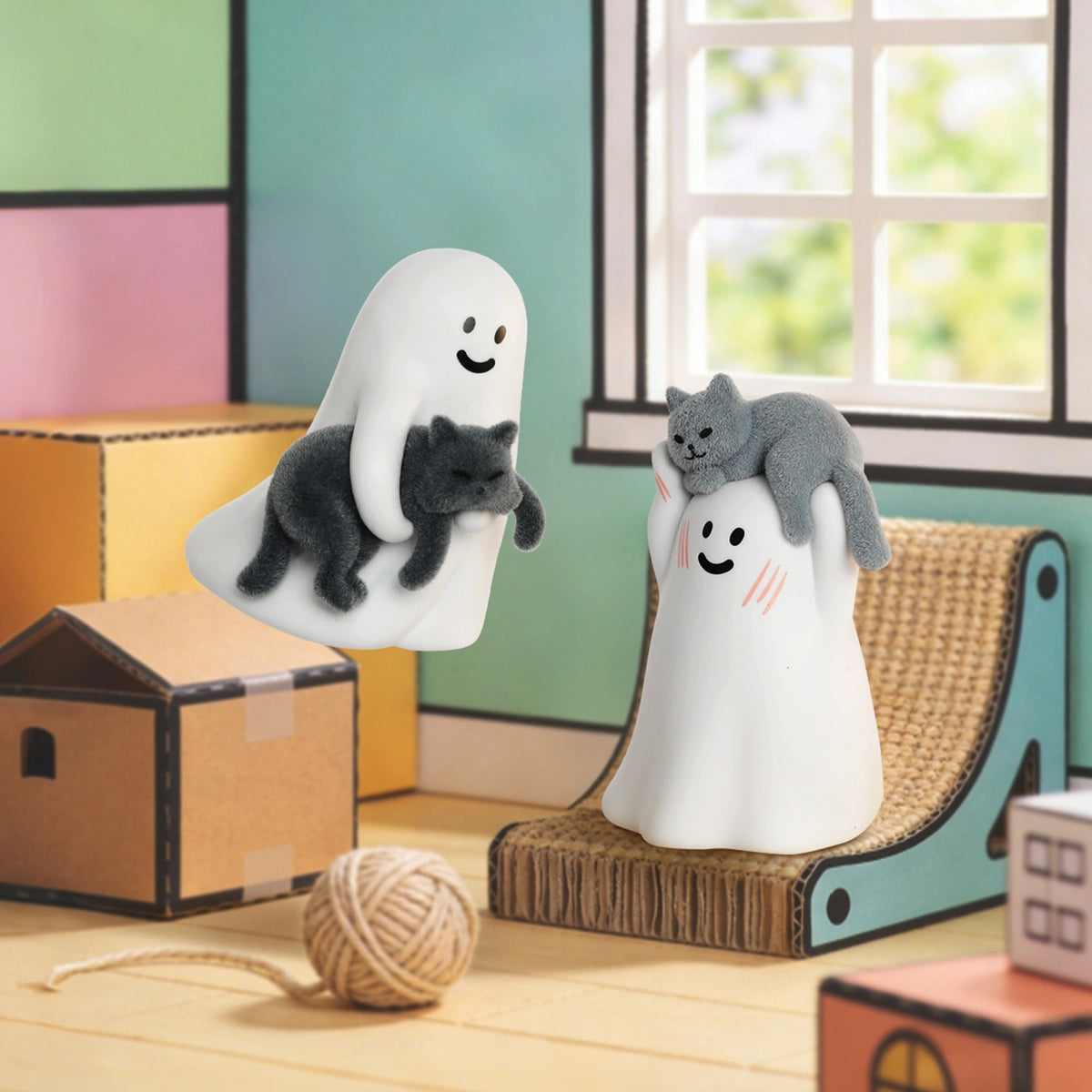 Two Ghody ghosts with flocked gray cats draped over them in a sunny room, Behold My Cat series