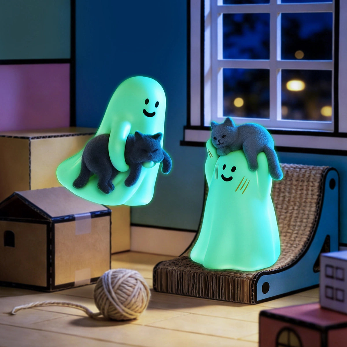 Glow-in-the-dark Ghody ghosts cradling flocked gray cats by a window, Behold My Cat series
