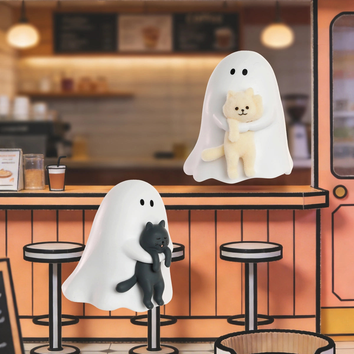 Ghody ghosts holding a cream cat and a black cat in a cafe scene, Behold My Cat series