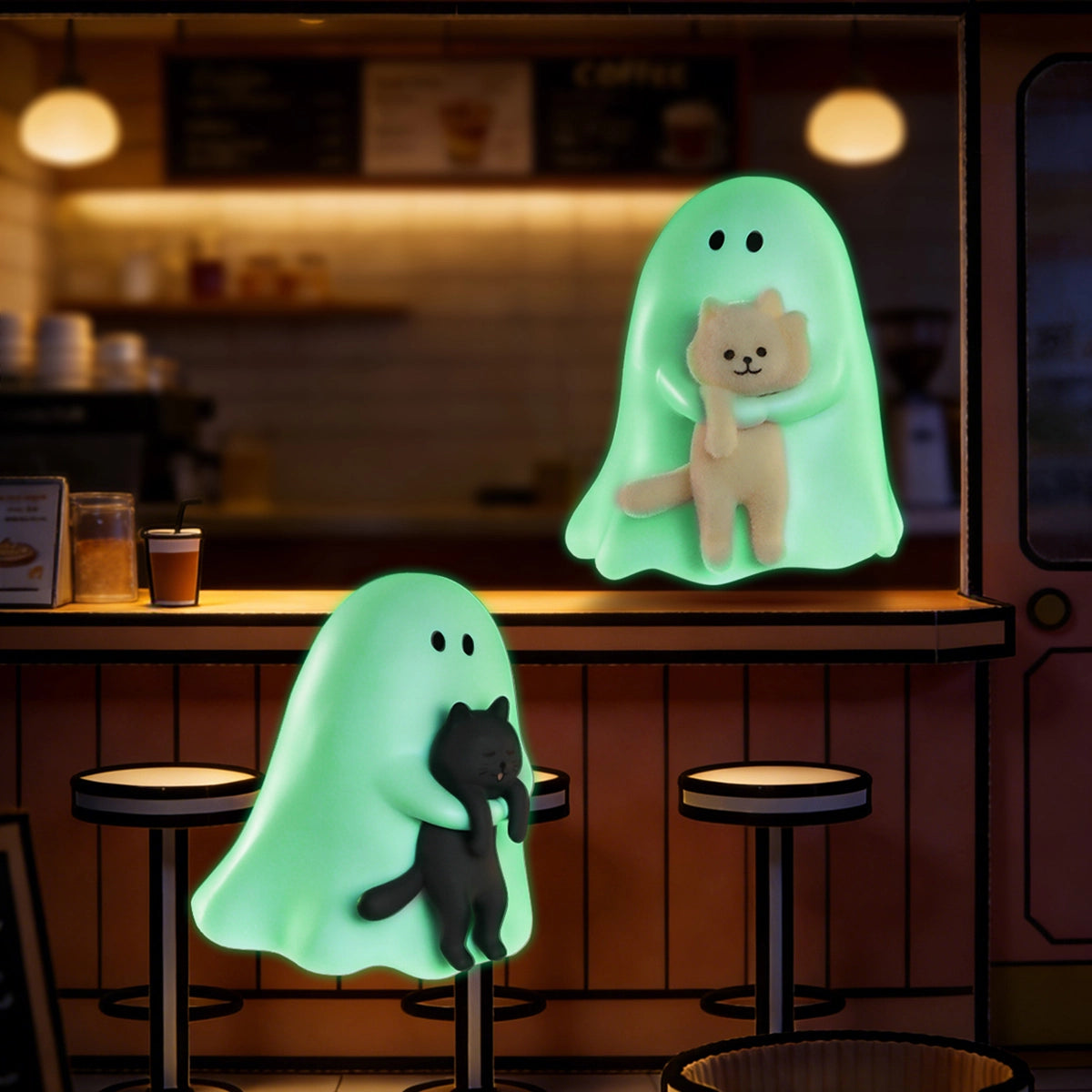 Glow-in-the-dark Ghody ghosts hugging a cream and a black cat in a cafe, Behold My Cat series
