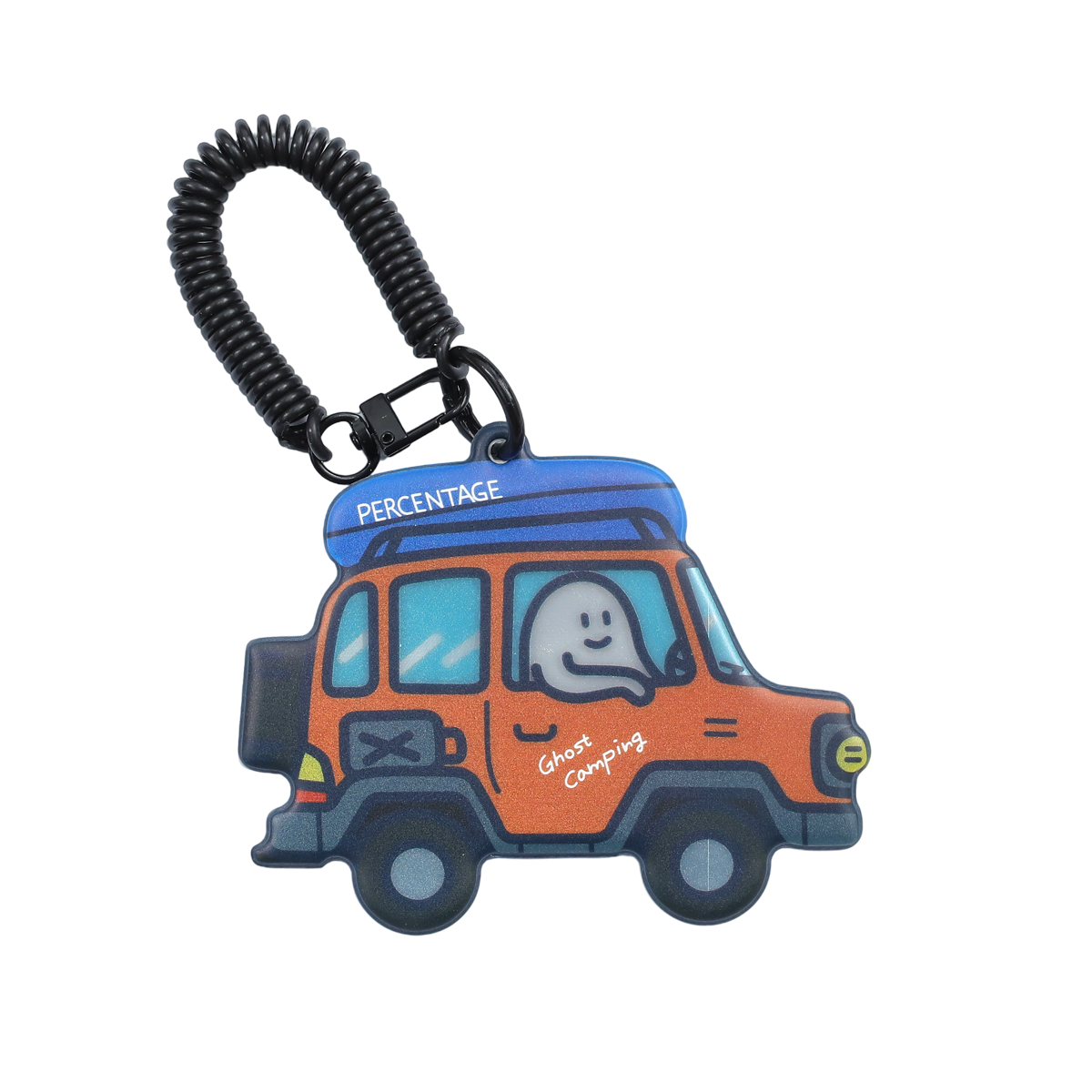 Ghody-Reflective Charm-Camping Trip orange off-road jeep with ghost driver and roof box on a coil strap, by 52TOYS