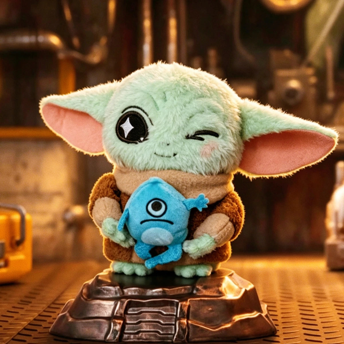 Winking Grogu plush holding a blue frog creature on a metallic Star Wars platform