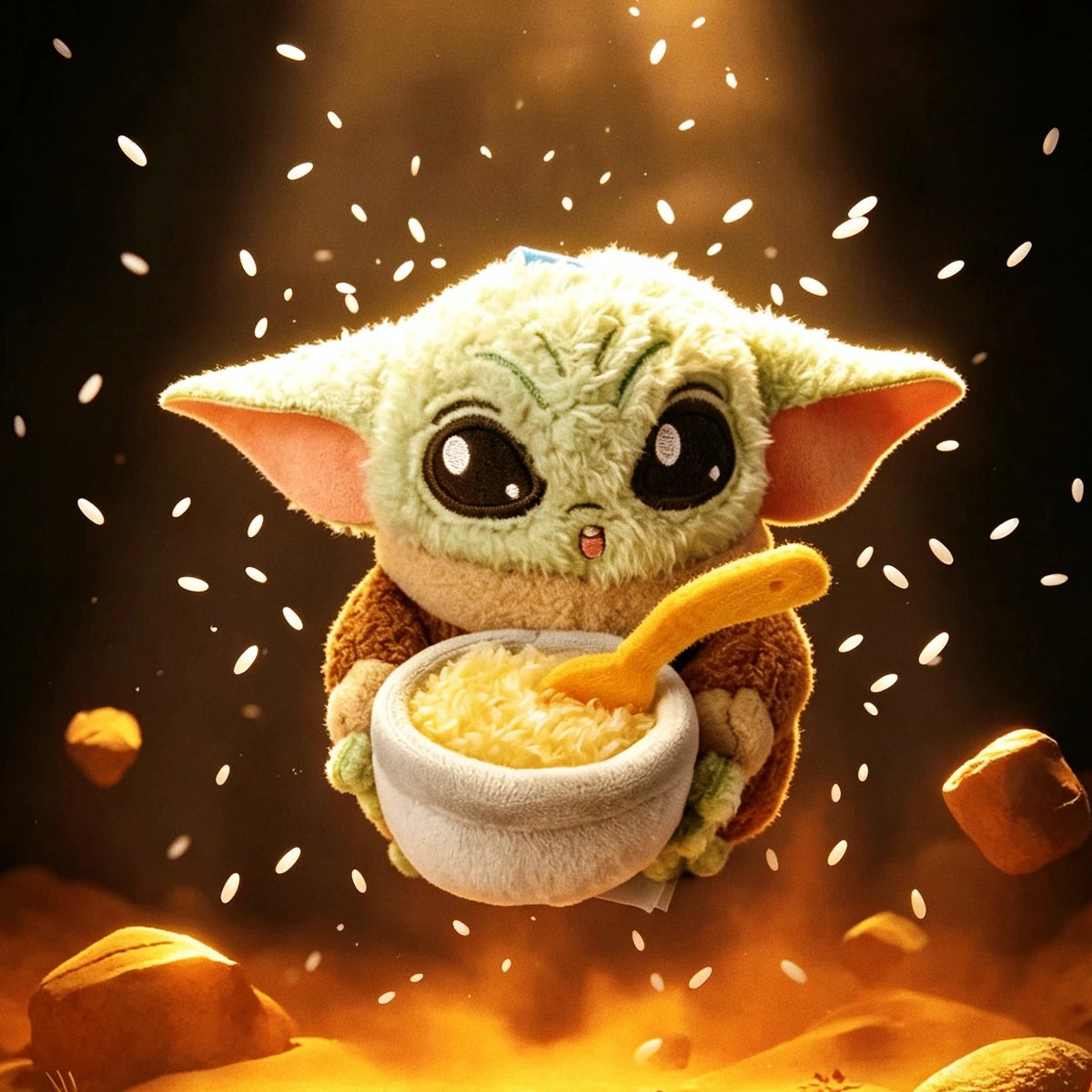 Grogu plush holding a soup bowl amid flying grains and glowing rocks
