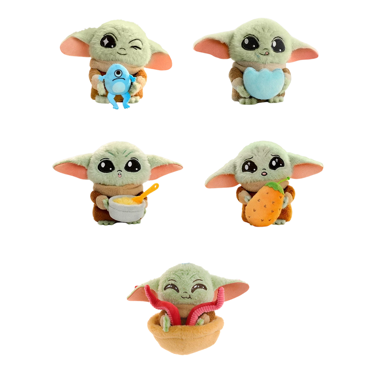 Complete lineup of four regular Grogu plush designs plus one secret design