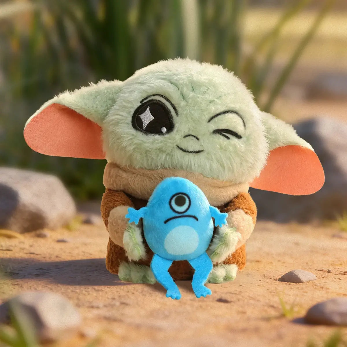 Winking Grogu plush holding a blue frog creature on sandy ground